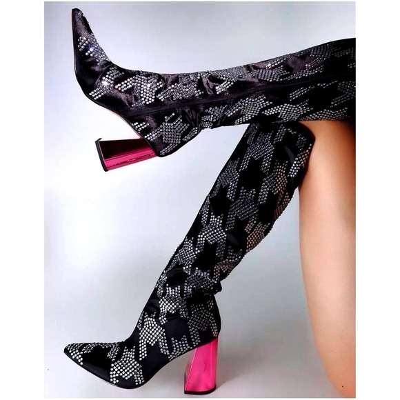 Betsey Johnson Shoes - Betsey Johnson Naomy Rhinestone Houndstooth Knee High Boots‎ Black Pink NAOM01S5